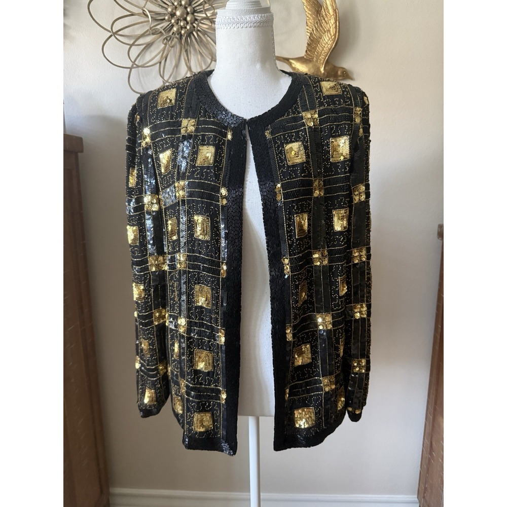 Vintage Creative Creations Silk Sequin Beaded Jacket L Black Gold 80s 90s